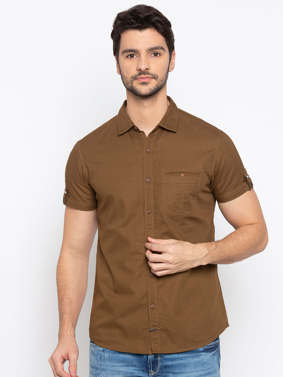 Spykar Men Brown Solid Casual Shirt