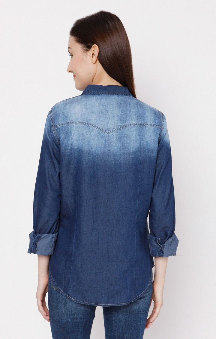 Spykar Women Dark Blue Cotton Regular Fit Denim Shirt