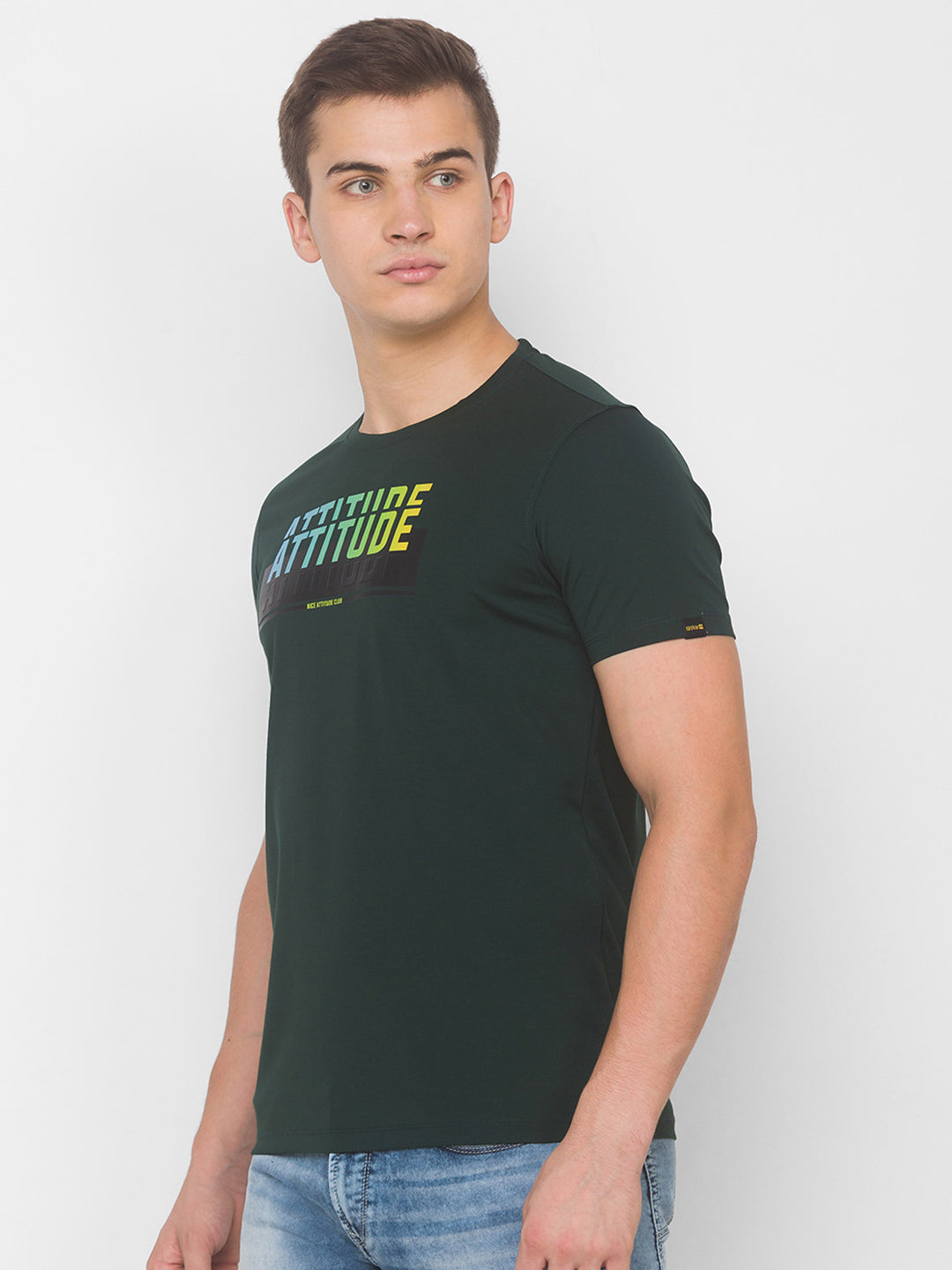 Spykar Men Green Cotton Blend Slim Fit Round Neck T-Shirt