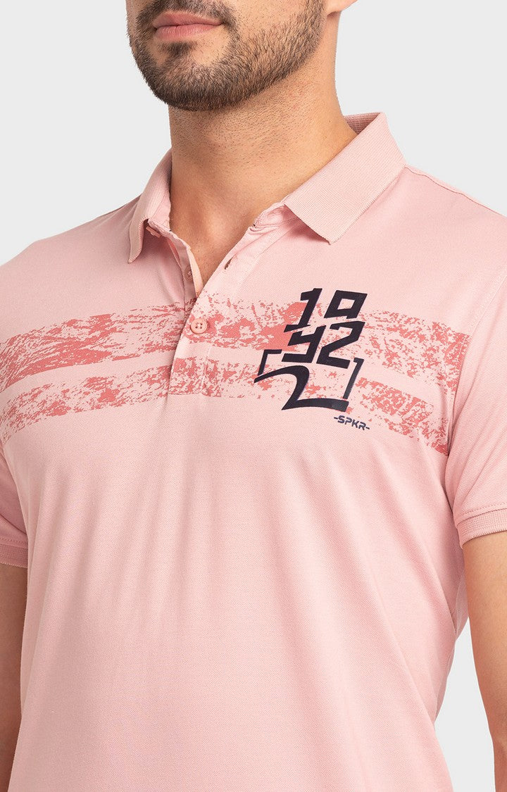 Spykar Dusty Pink Cotton Half Sleeve Printed Casual Polo T-Shirt For Men