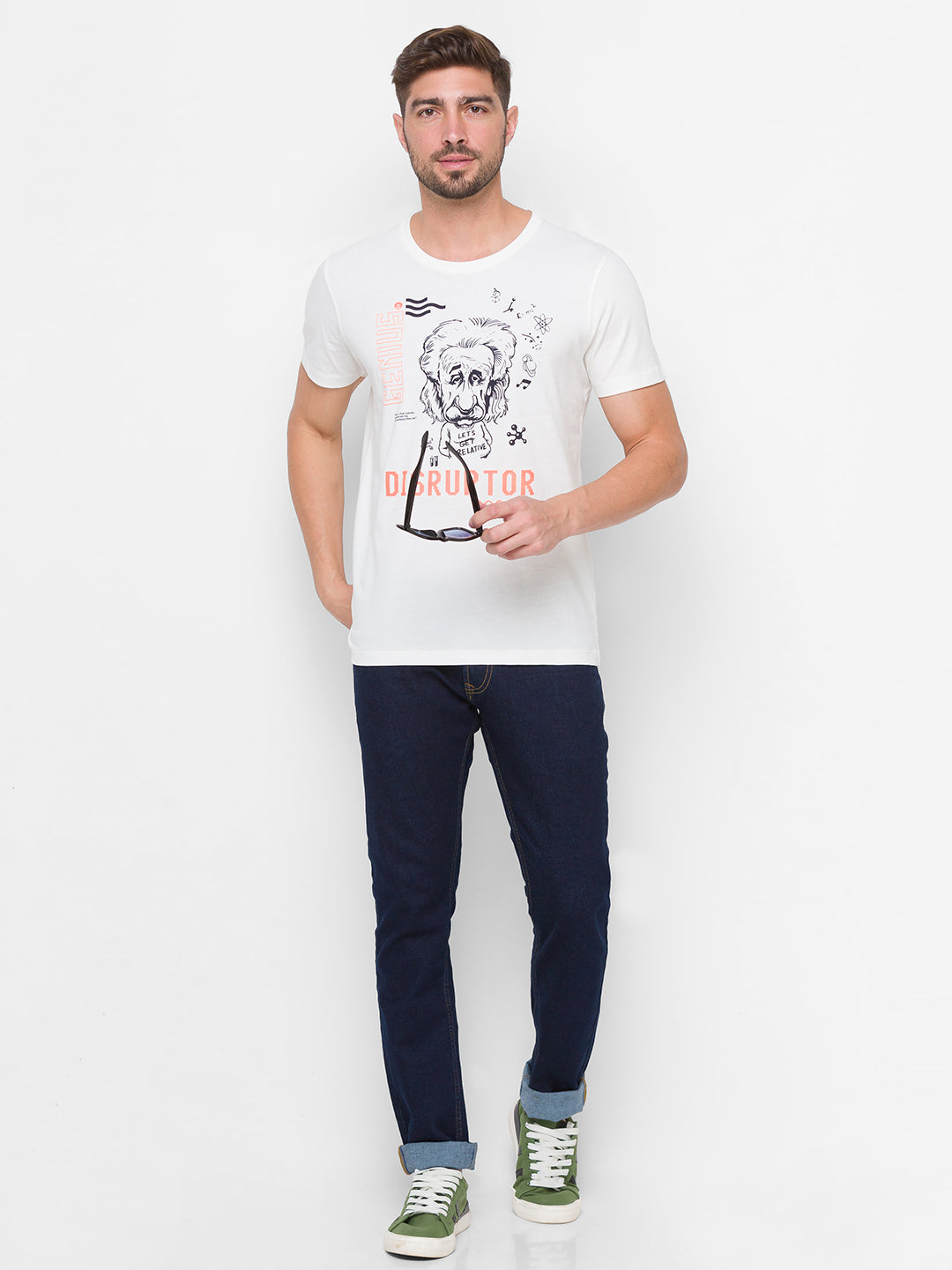 Albert Einstein Spykar Men White Cotton Slim Fit Round Neck T-Shirt