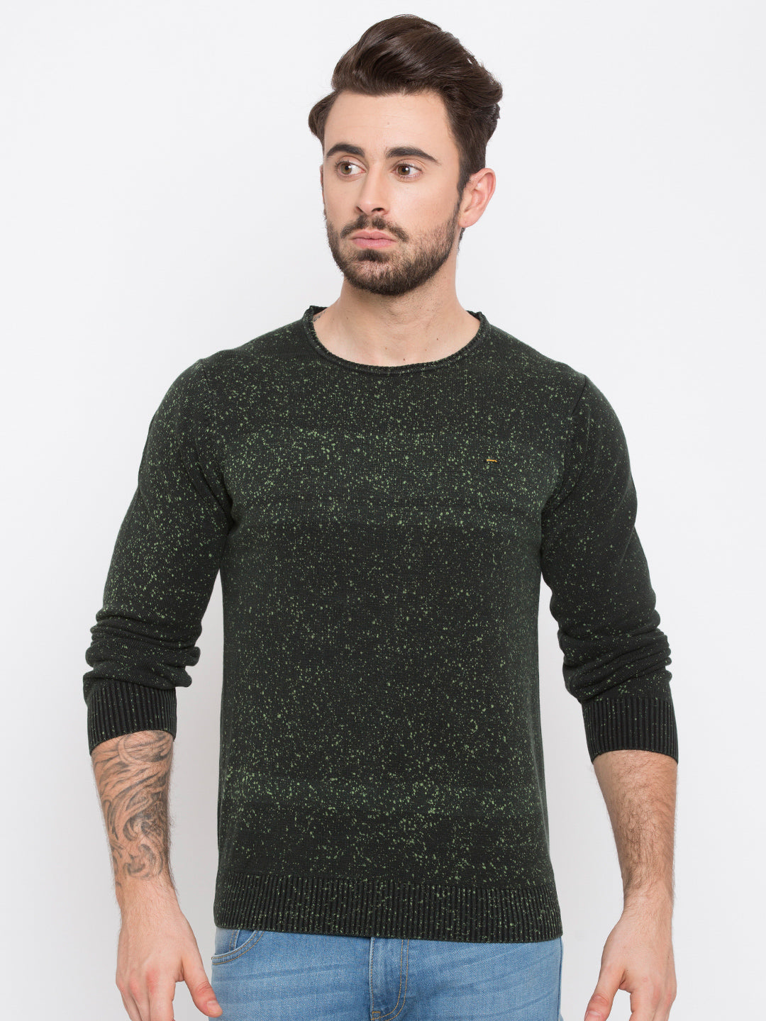 Spykar Men Green Cotton Slim Fit Round Neck T-Shirt