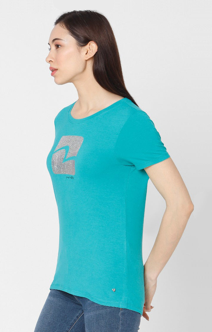 Spykar Women Green Cotton Slim Fit Round Neck T-Shirt