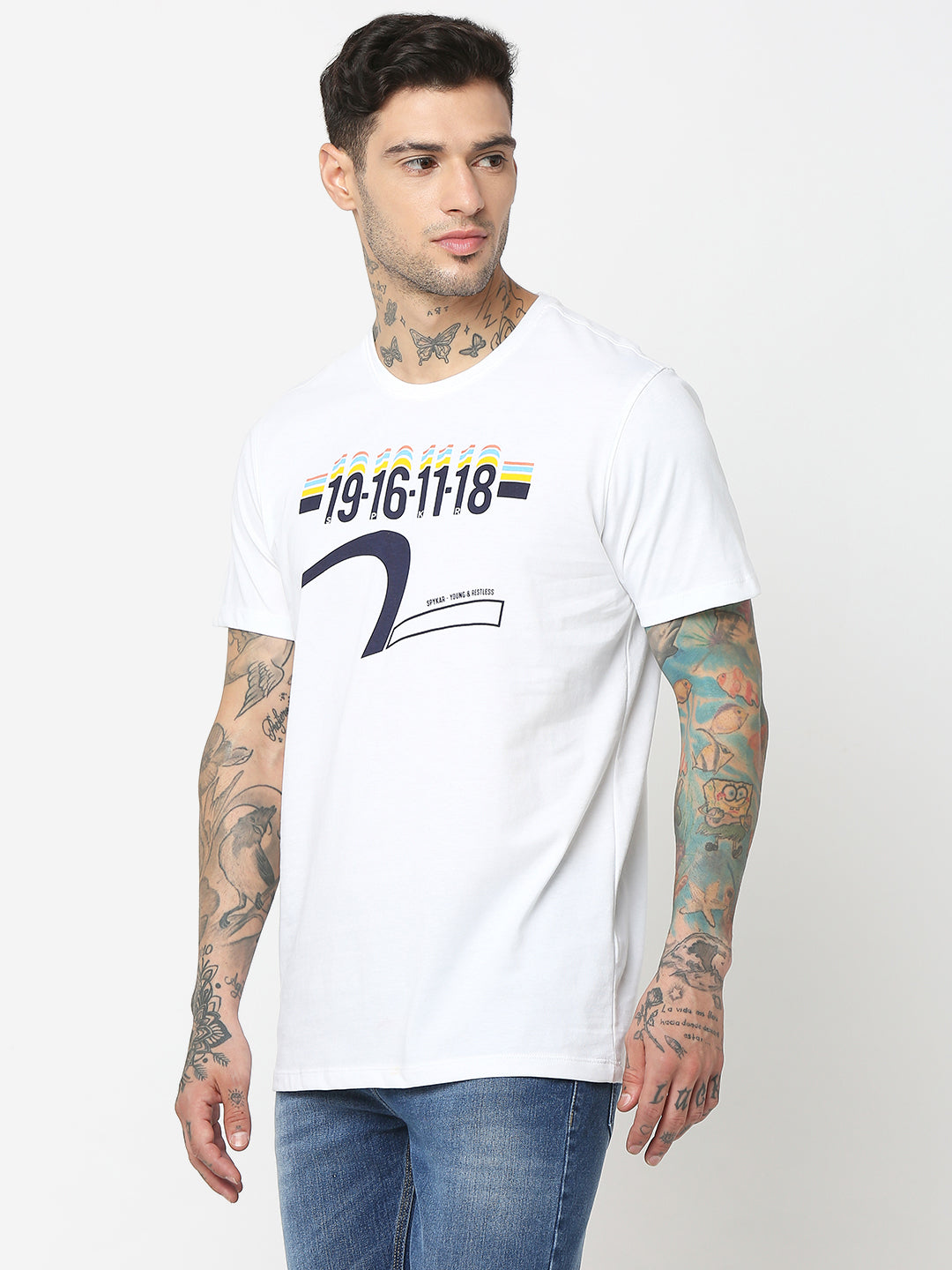 Spykar Men White Cotton Slim Fit Round Neck Printed T-Shirt