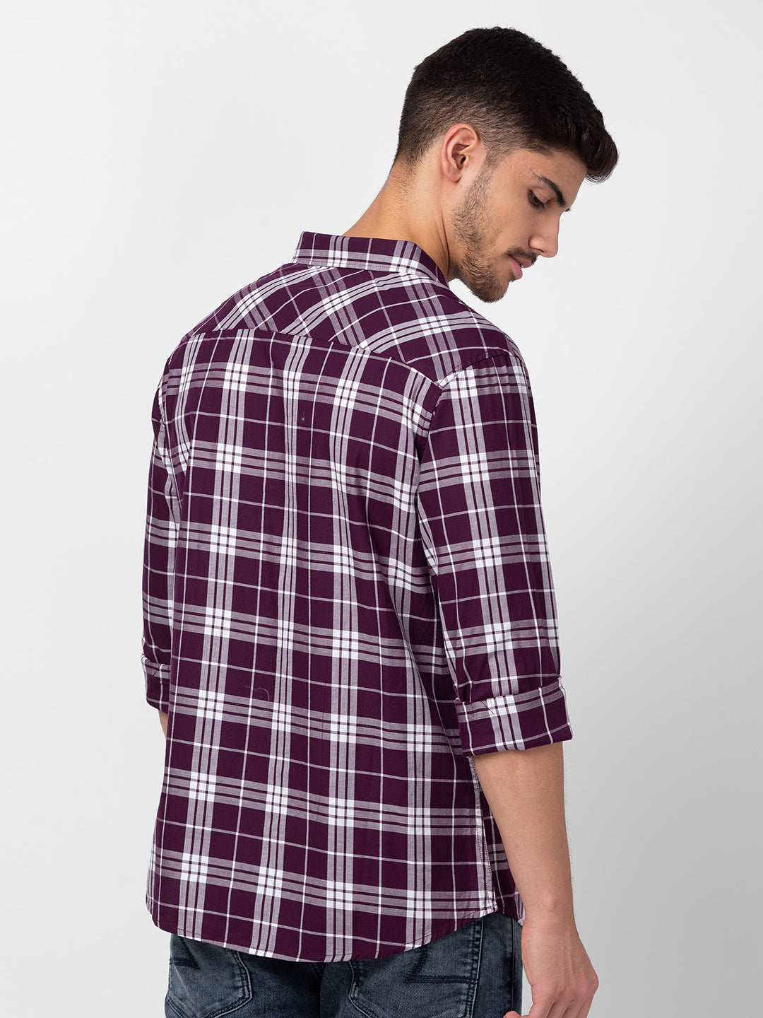 Spykar Men Plum Red Cotton Slim Fit Checkered Shirt