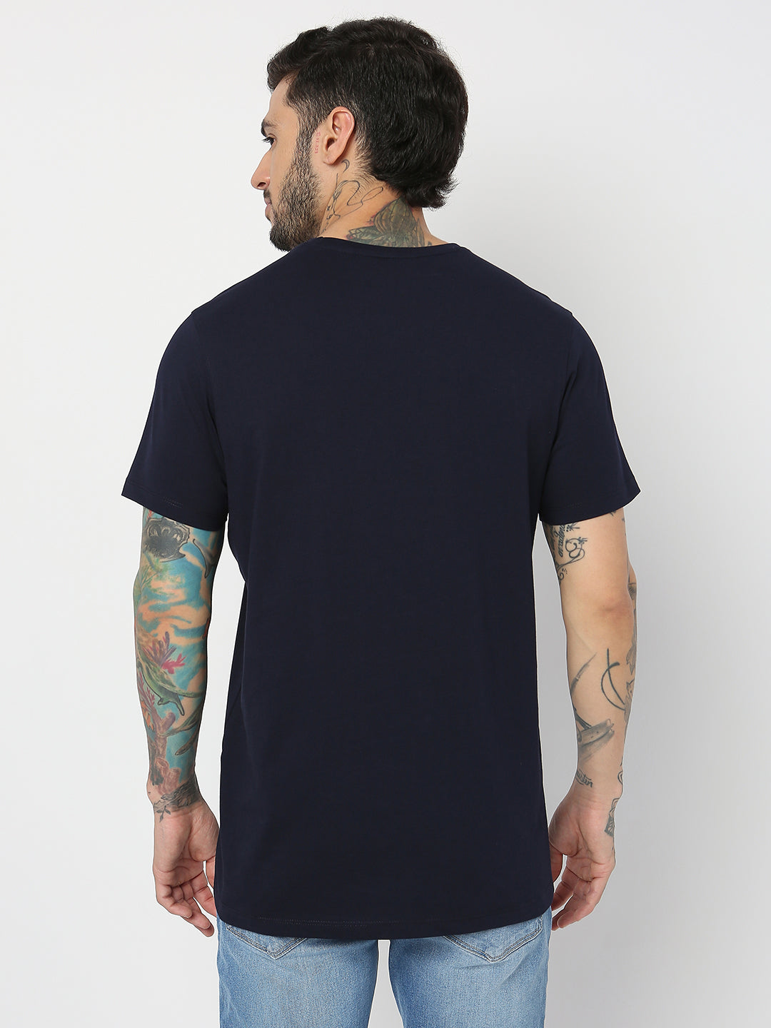 Spykar Men Navy Blue Cotton Slim Fit Round Neck Printed T-Shirt