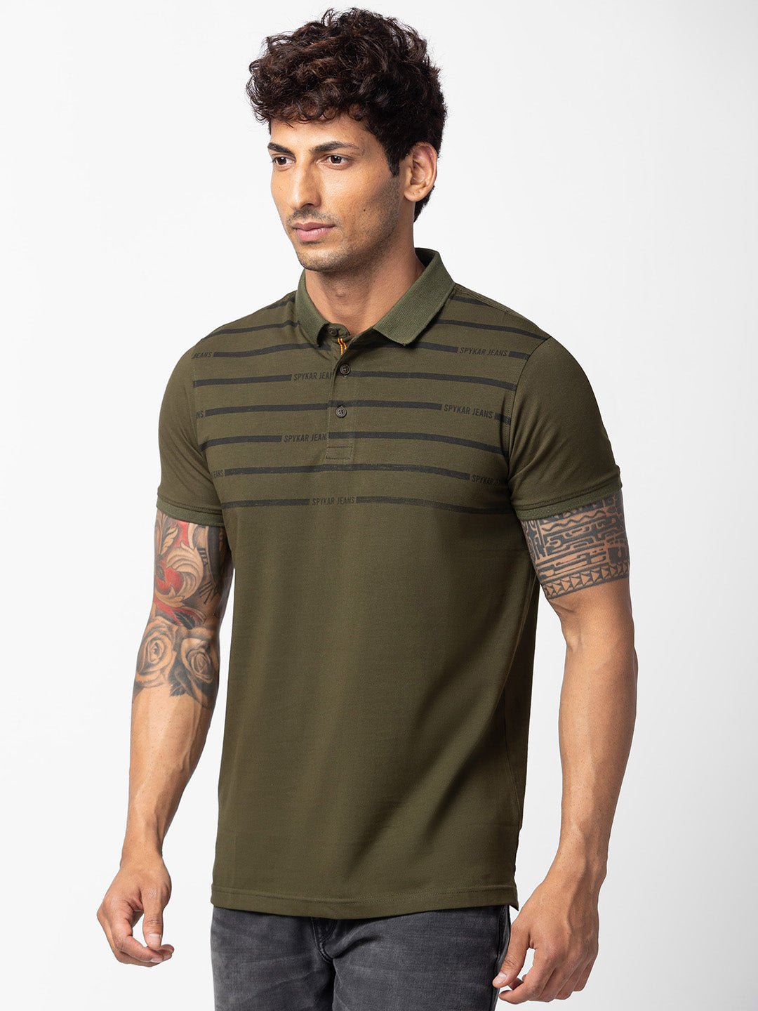 Spykar Men Rifle Green Cotton Regular Fit Half Sleeve Printed Polo T-Shirt