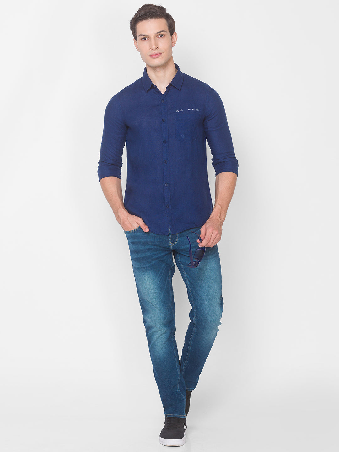 Spykar Slim Fit Blue Cotton Men Shirt