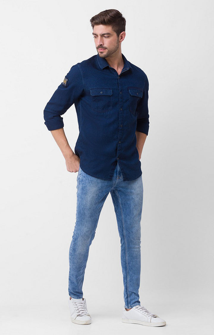 Spykar Dark Blue Cotton Full Sleeve Denim Shirt For Men