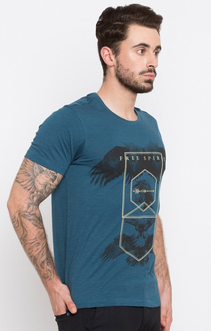 Spykar Teal Blue Printed Slim Fit Men T-Shirts