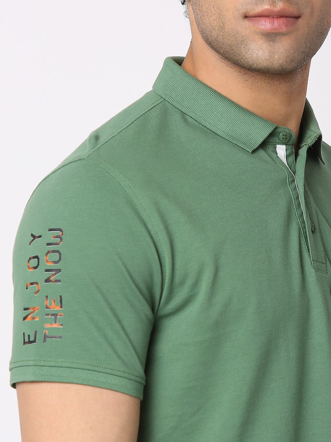 Spykar Men Dark Sage Green Cotton Regular Fit Polo Plain T-Shirt