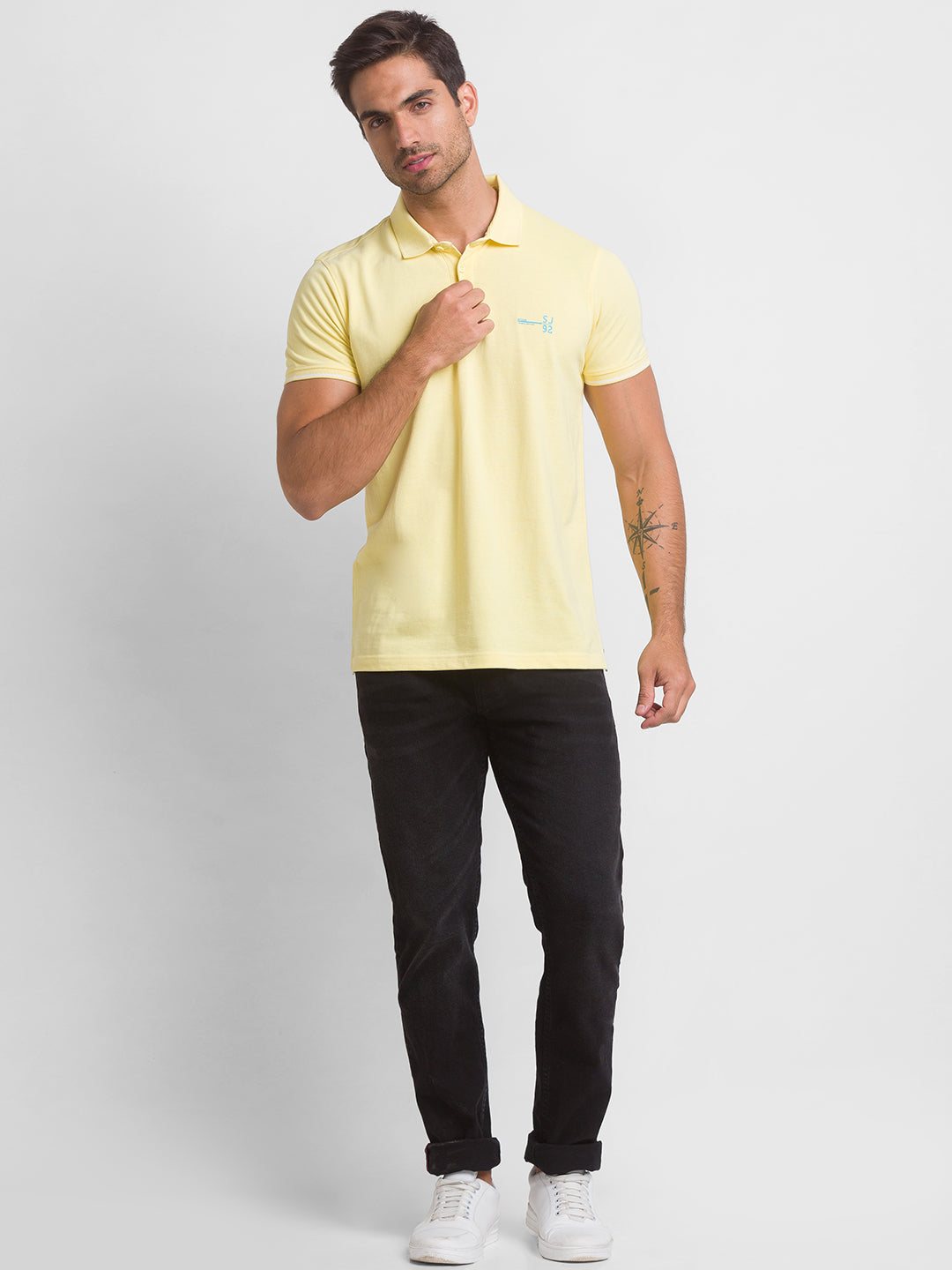 Spykar Butter Yellow Half Sleeve Plain Casual Polo T-Shirt For Men