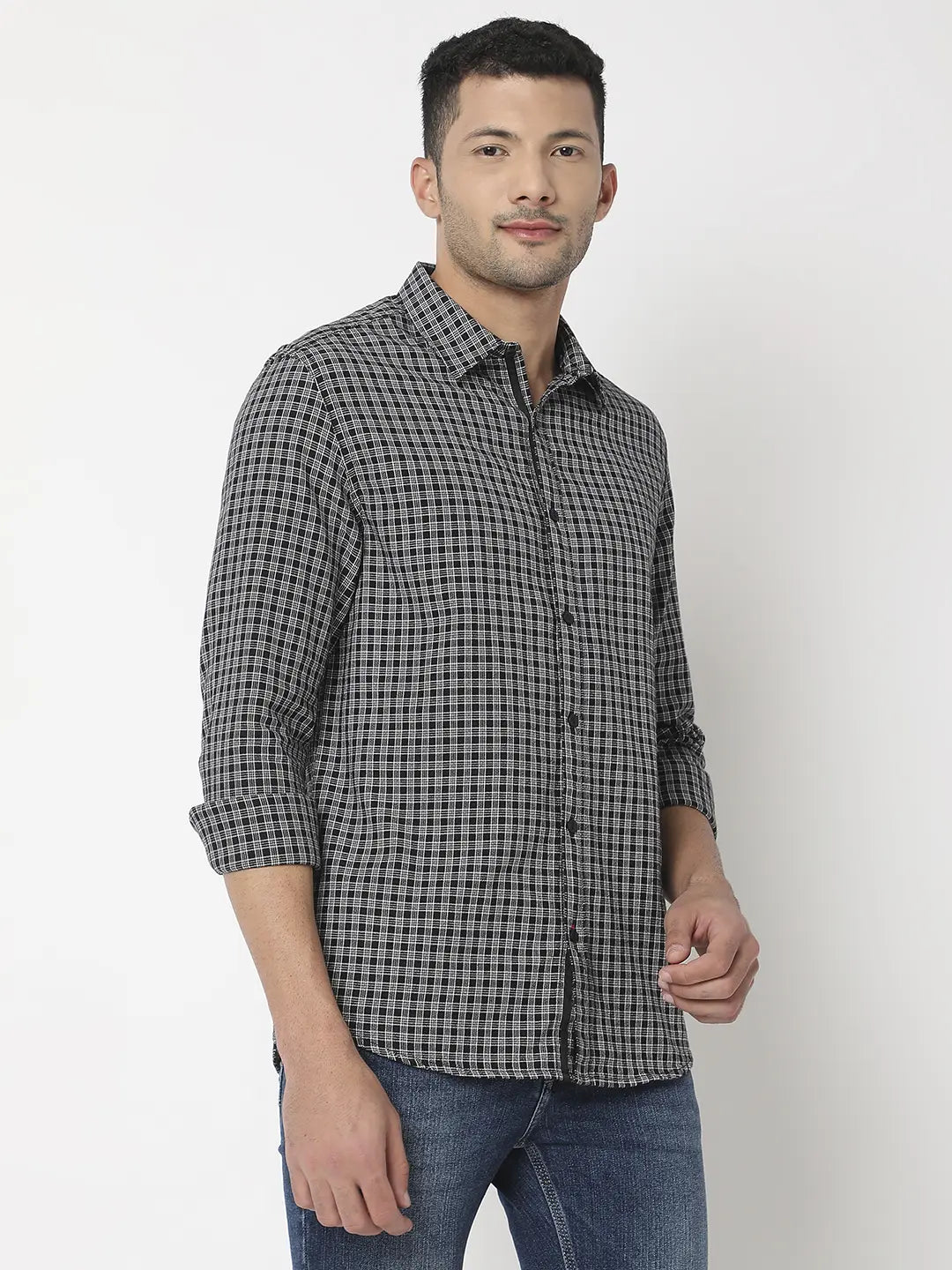 Spykar Men Black Cotton Slim Fit Checkered Shirt