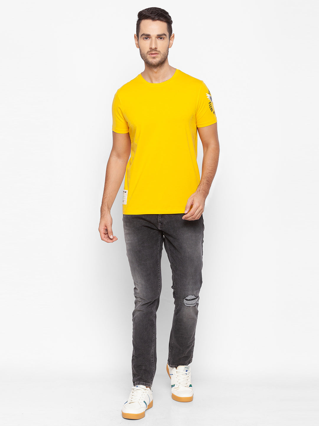 Spykar Men Yellow Cotton Slim Fit Round Neck T-Shirt