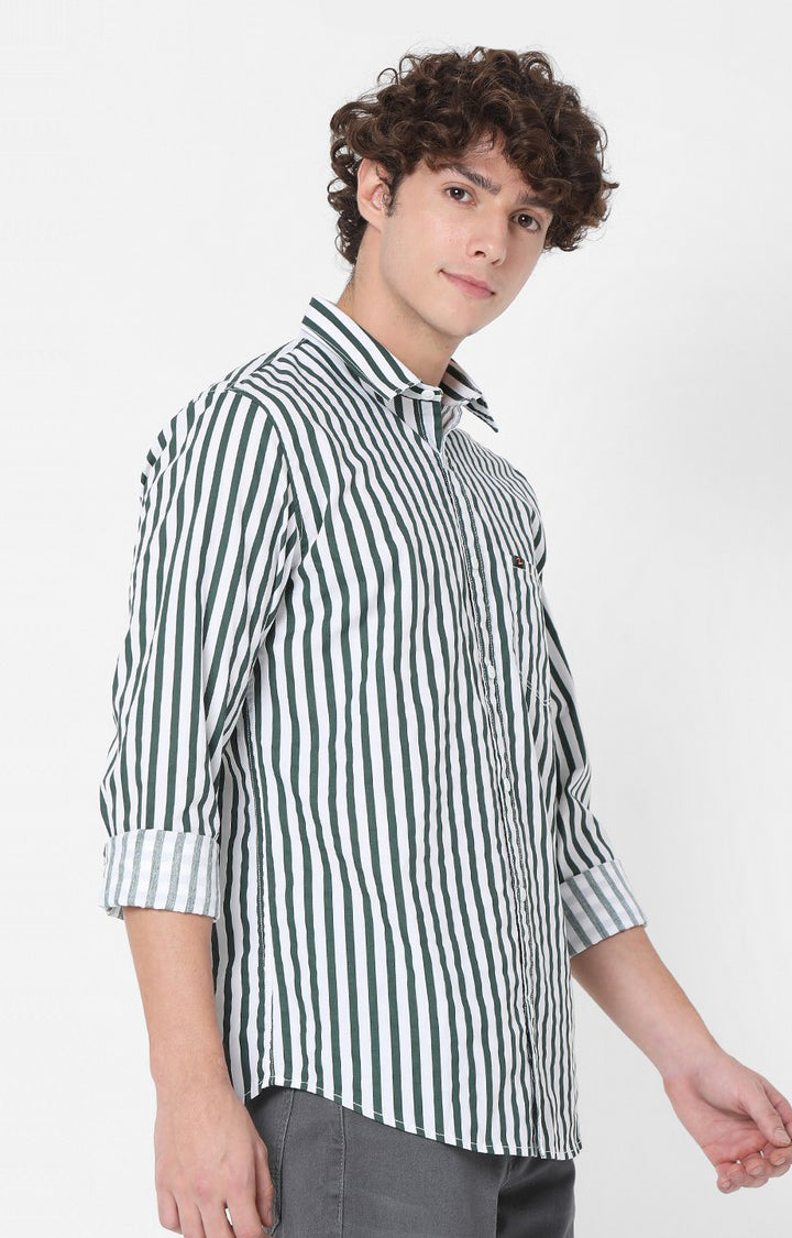 Spykar Slim Fit Green Striped Full Sleeve Shirts For Men