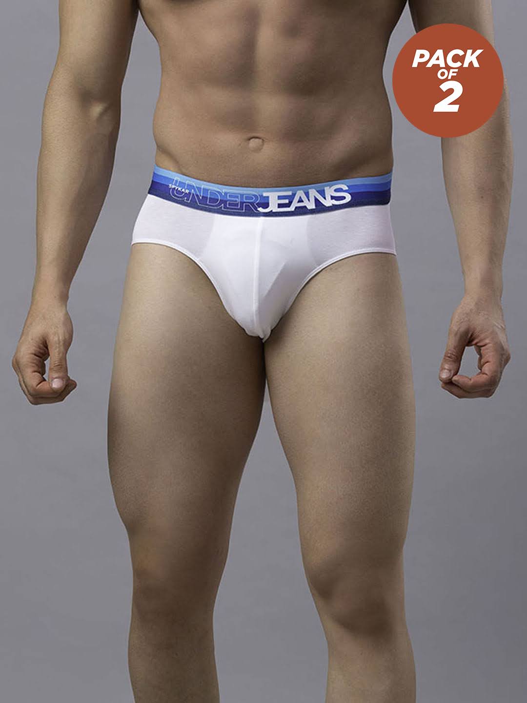 Men Premium Cotton Blend White-Blue Brief - (Pack Of 2)- Underjeans By Spykar