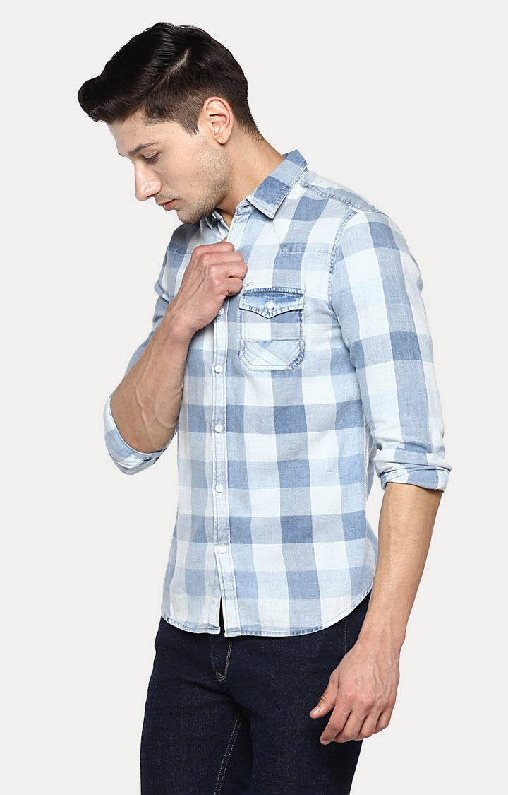 Spykar Men'S Blue Cotton Checked Casual Shirts