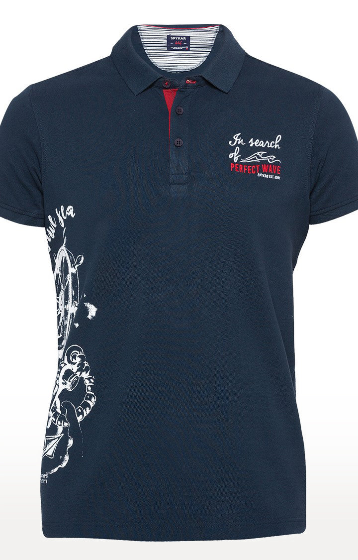 Spykar Navy Printed Slim Fit Polo T-Shirt