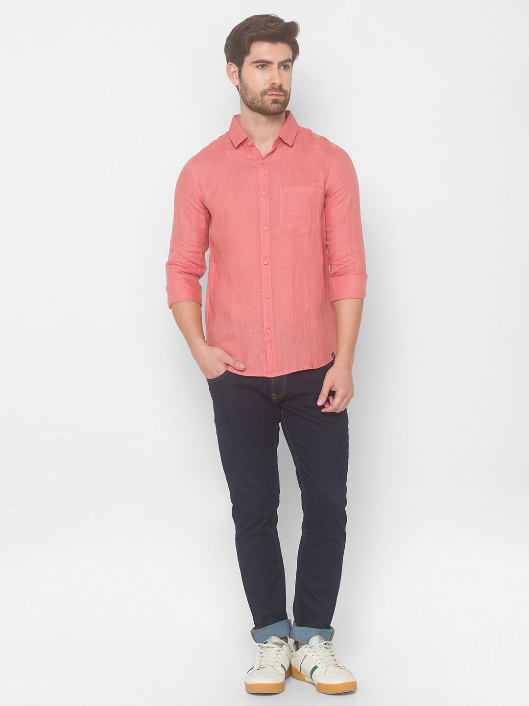 Spykar Men Tan Pink Cotton Slim Fit Shirt