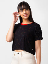 Spykar Women Black Blended Slim Fit Half Sleeve Printed Crop Top
