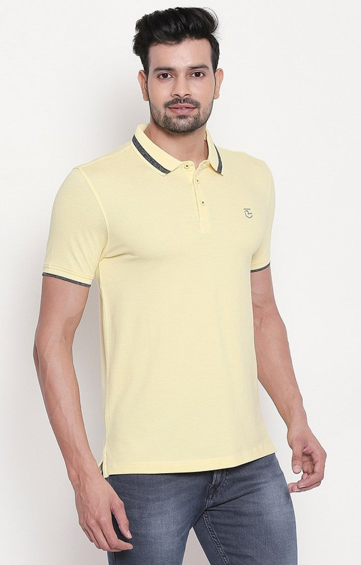 Spykar Men Yellow Cotton Slim Fit Polo T-Shirt