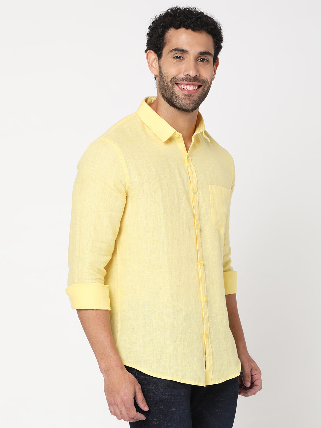 Spykar Men Yellow Cotton Slim Fit Full Plain Shirt