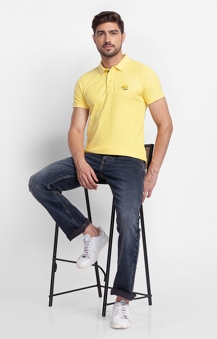 Spykar Yellow Cotton Half Sleeve Plain Casual Polo T-Shirt For Men