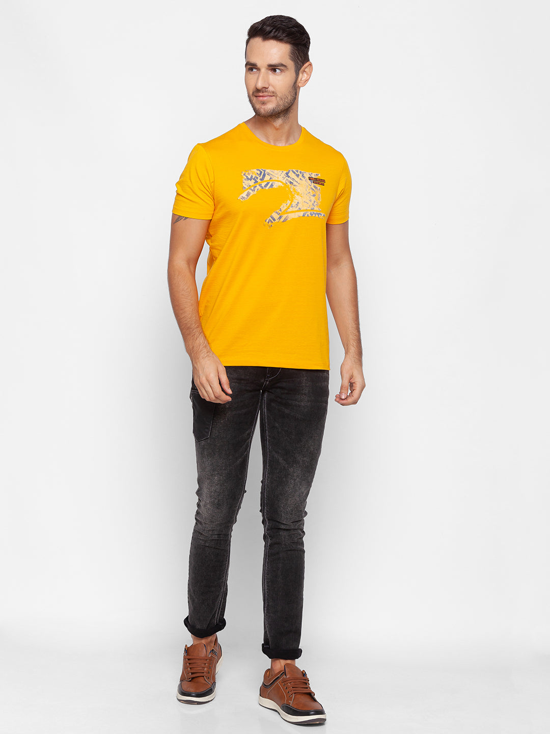 Spykar Men Yellow Cotton Slim Fit Round Neck T-Shirt