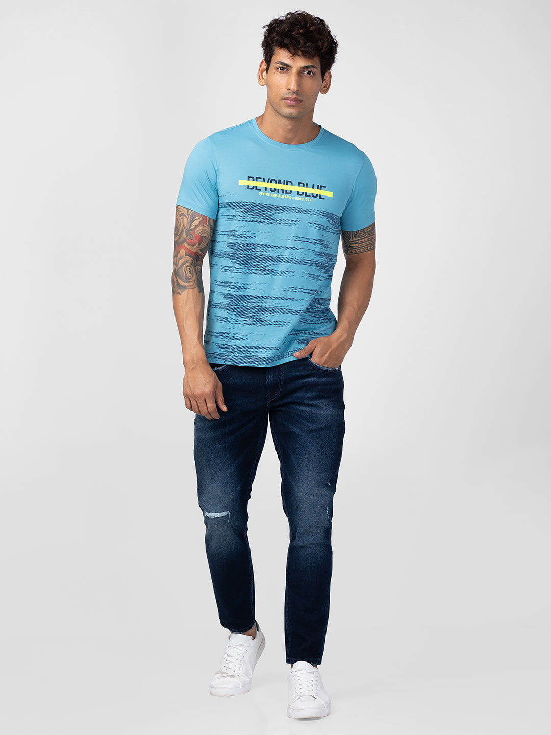 Spykar Men Haze Blue Cotton Regular Fit Half Sleeve Printed T-Shirt