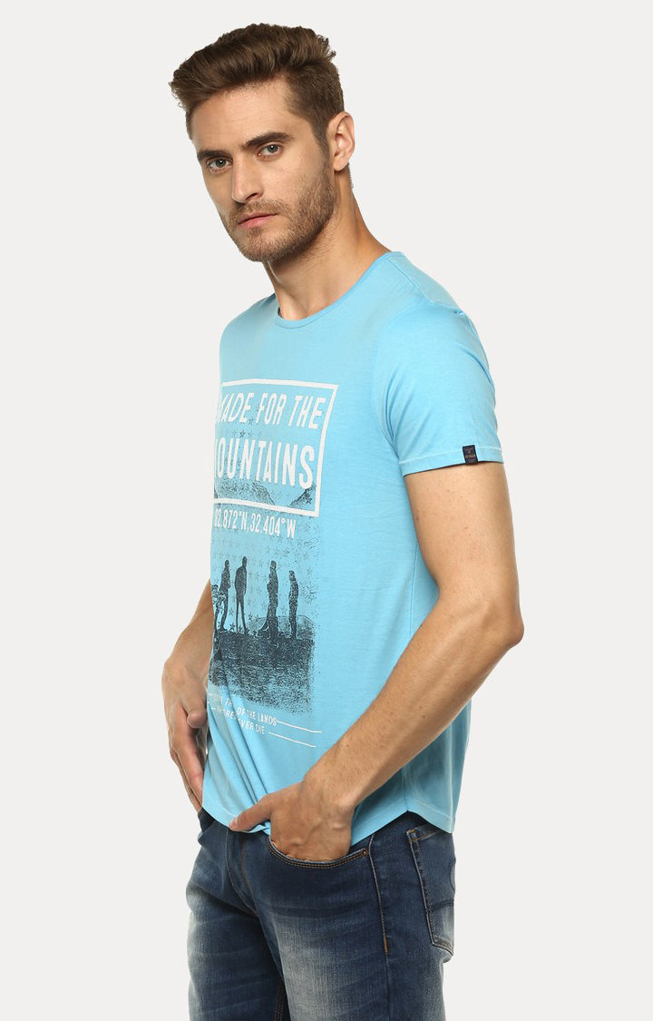 Spykar Sky Blue Printed Slim Fit Men T-Shirts