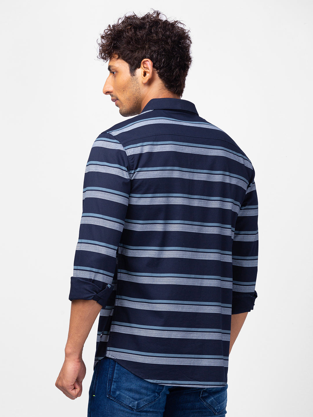 Spykar Men Navy Blue Cotton Slim Fit Striped Shirts