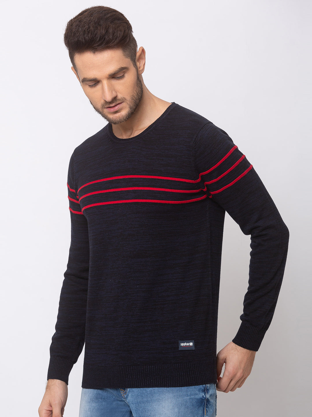 Spykar Men Navy Blue Red Cotton Regular Fit Sweater