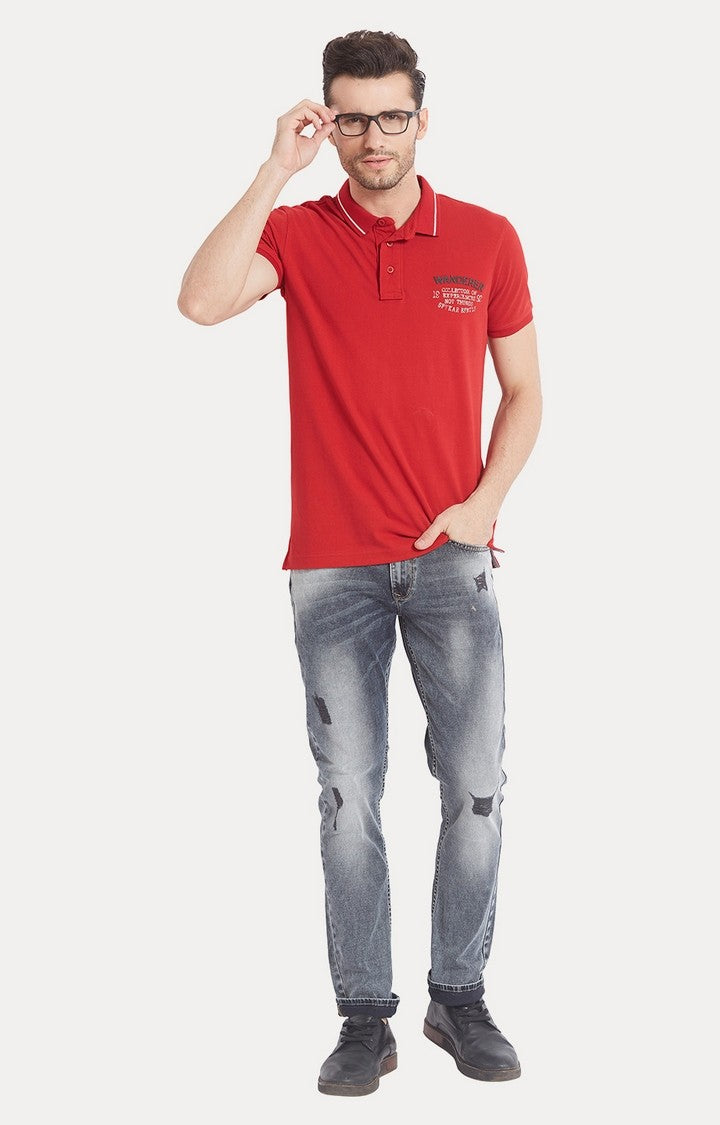 Spykar Red Solid Slim Fit Polo T-Shirt