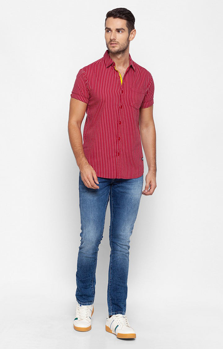 Spykar Men Red Cotton Slim Fit Half Sleeve Striped Shirt