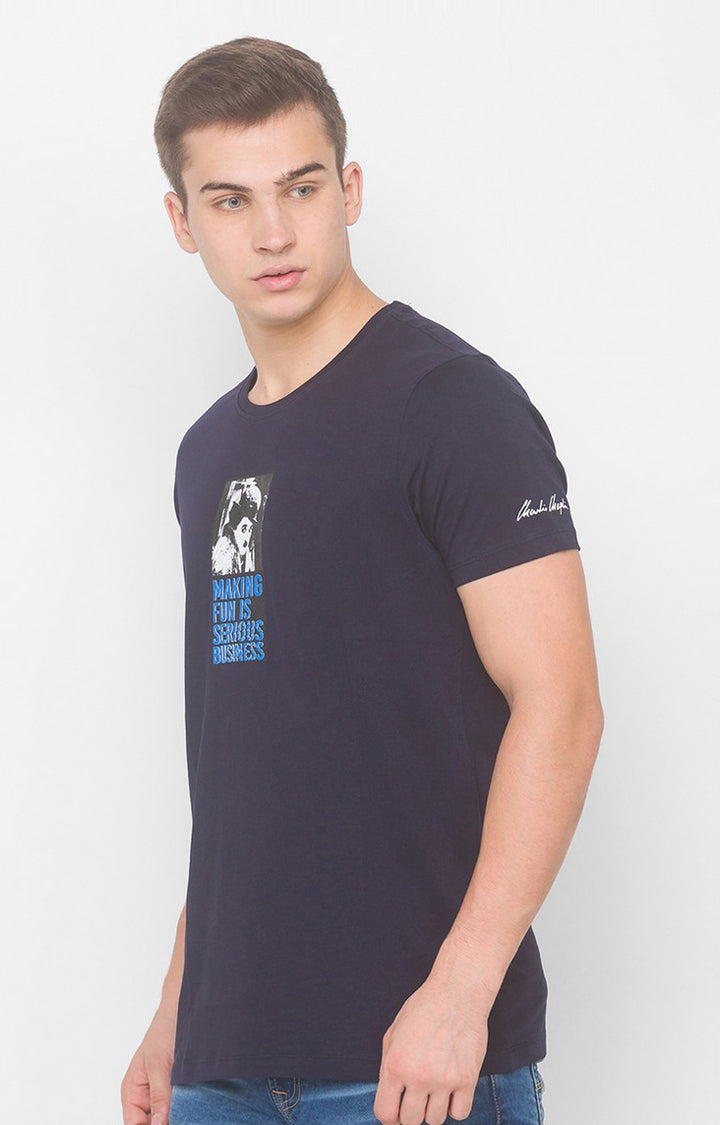 Charlie Chaplin Spykar Men Navy Blue Cotton Slim Fit Round Neck Printed T-Shirt