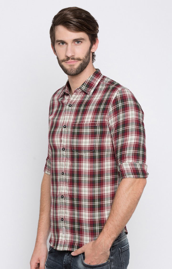 Spykar Men'S Red Cotton Checked Casual Shirts