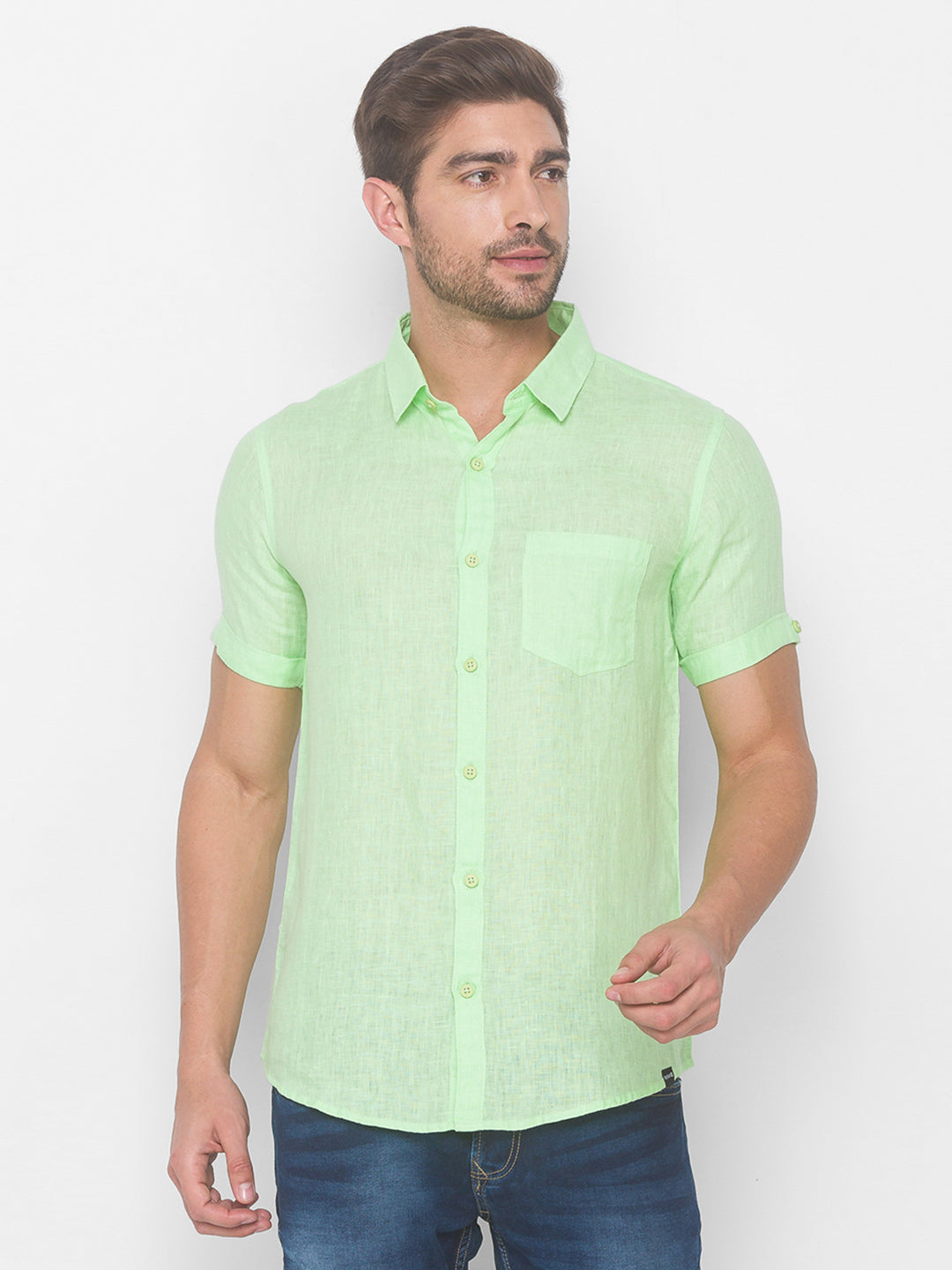 Spykar Men Lime Green Cotton Shirts (Slim)