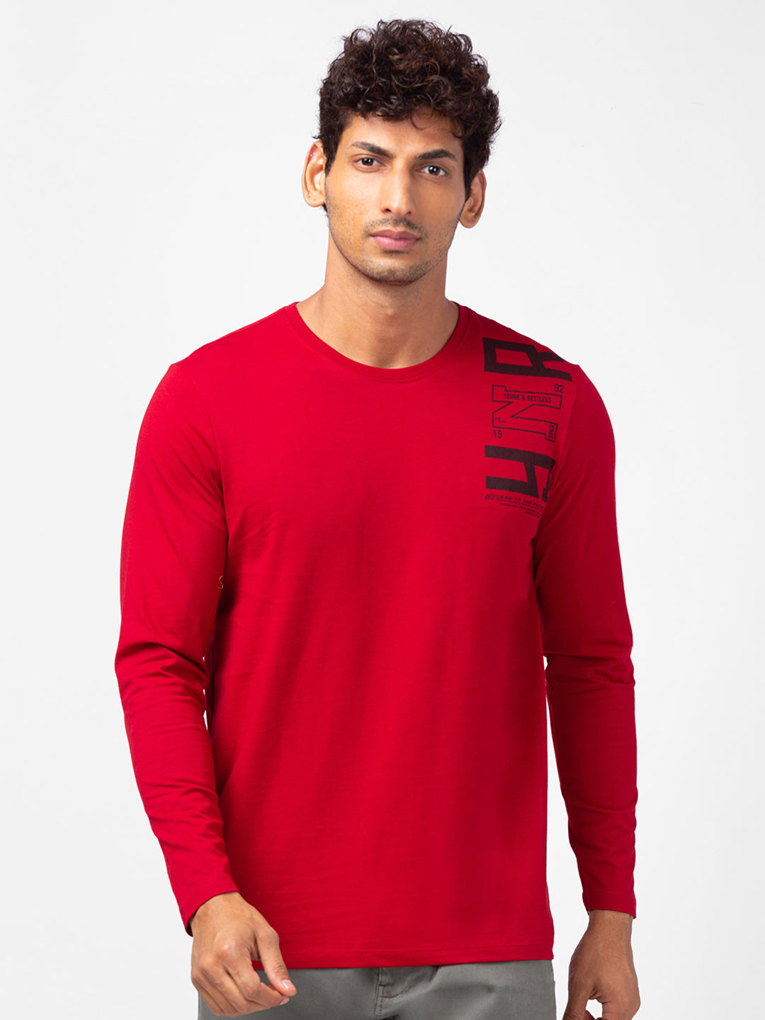 Spykar Men Deep Red Cotton Slim Fit Round Neck Printed T-Shirt