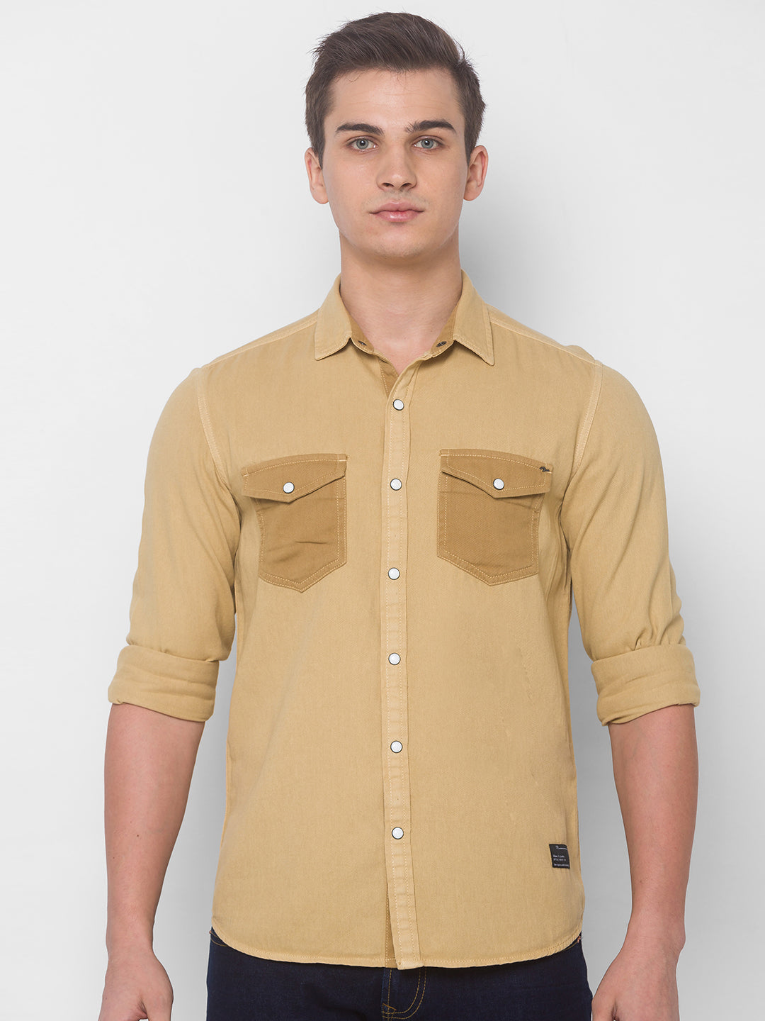 Spykar Men Khaki Cotton Shirts (Slim)