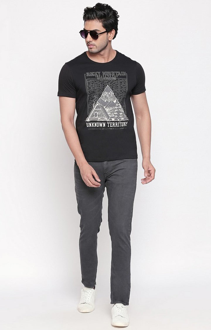 Spykar Black Printed Slim Fit Men T-Shirts