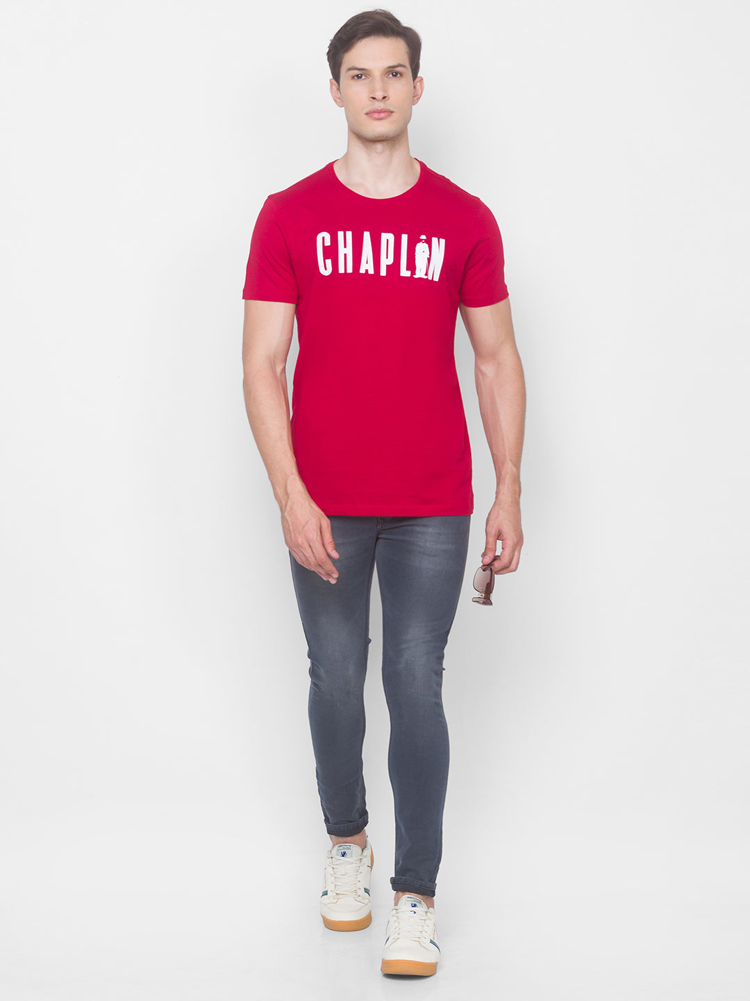 Charlie Chaplin Spykar Men Red Cotton Slim Fit Round Neck T-Shirt