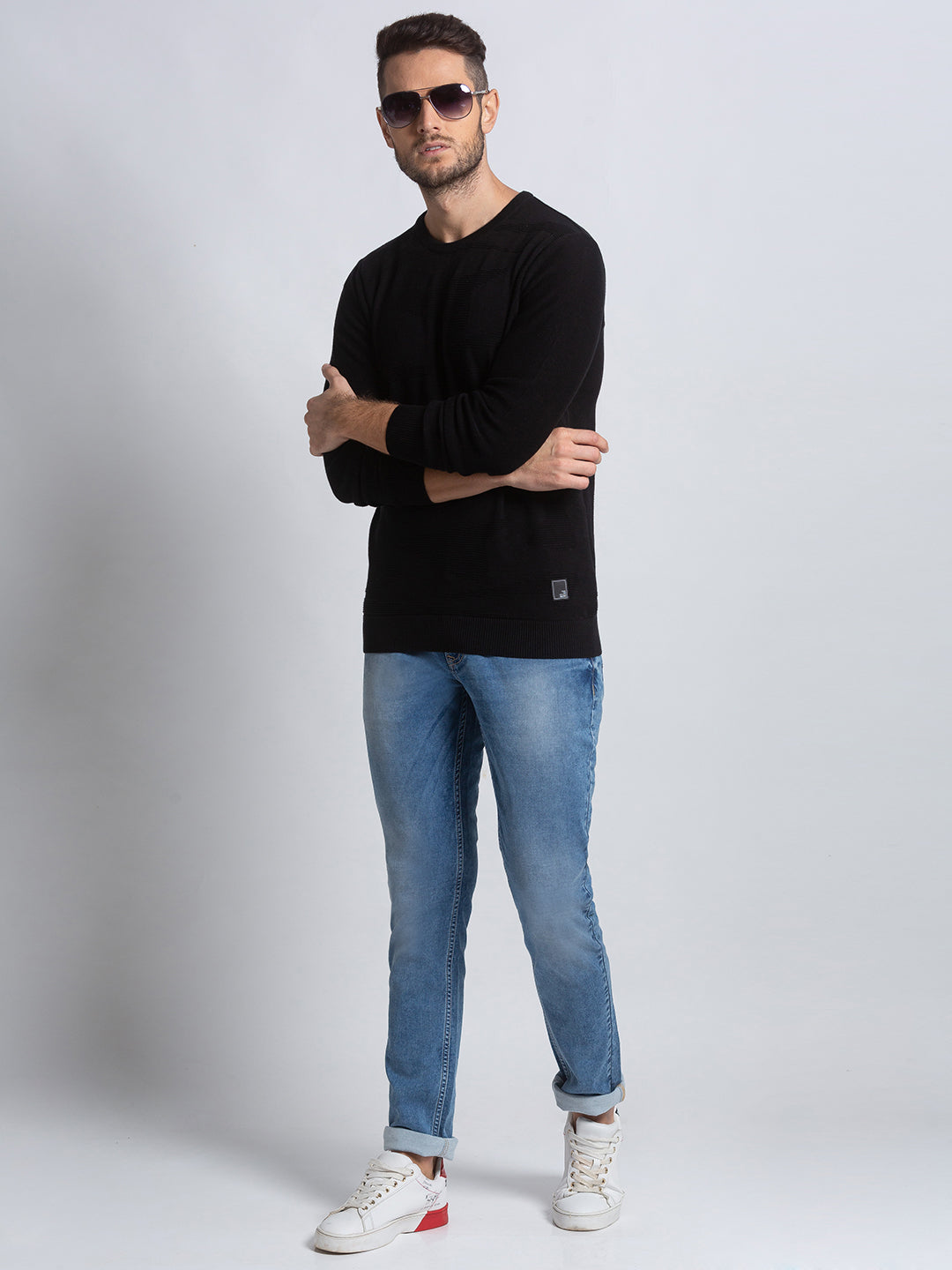 Spykar Men Black Cotton Regular Fit Sweater