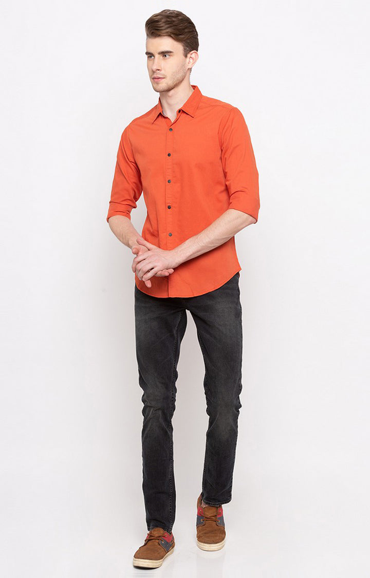 Spykar Men'S Orange Cotton Solid Casual Shirts