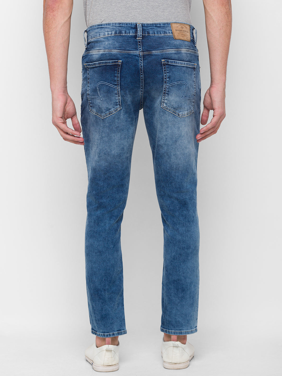 Spykar Blue Cotton Slim Fit Tapered Ankle Length Jeans For Men