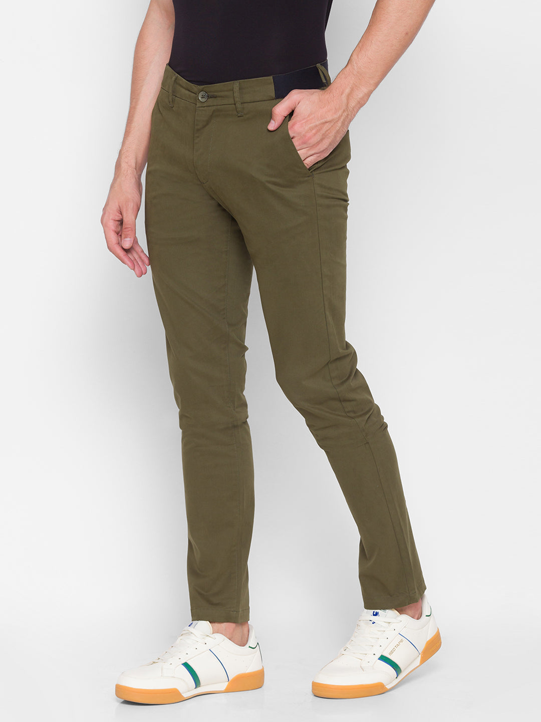 Spykar Men Green Cotton Slim Fit Casual Trousers