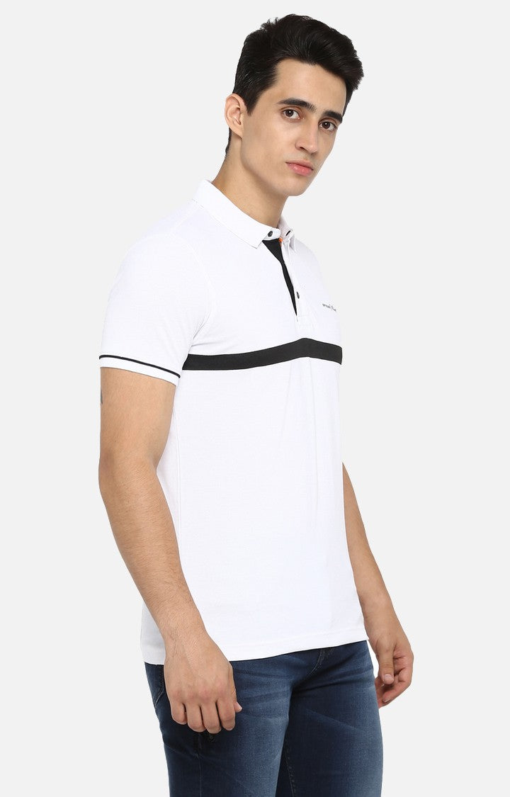 Spykar White Striped Slim Fit Polo T-Shirt