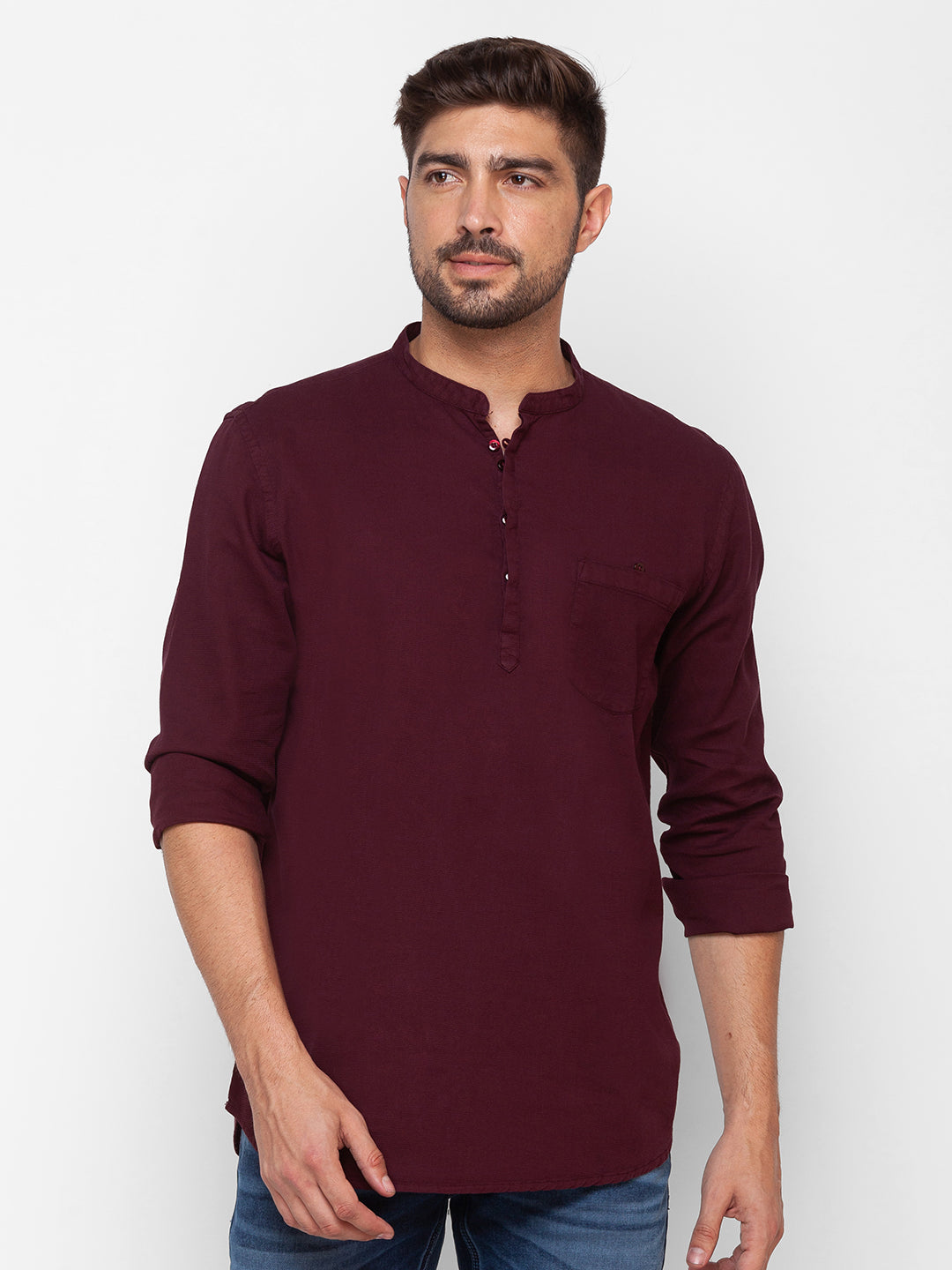 Spykar Wine Red Cotton Full Sleeve Plain Shirt For Men