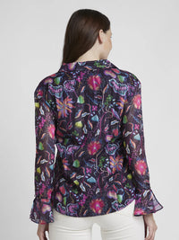 Spykar Women Pink Jaquard Slim Fit Full Sleeve Floral Print Shirt