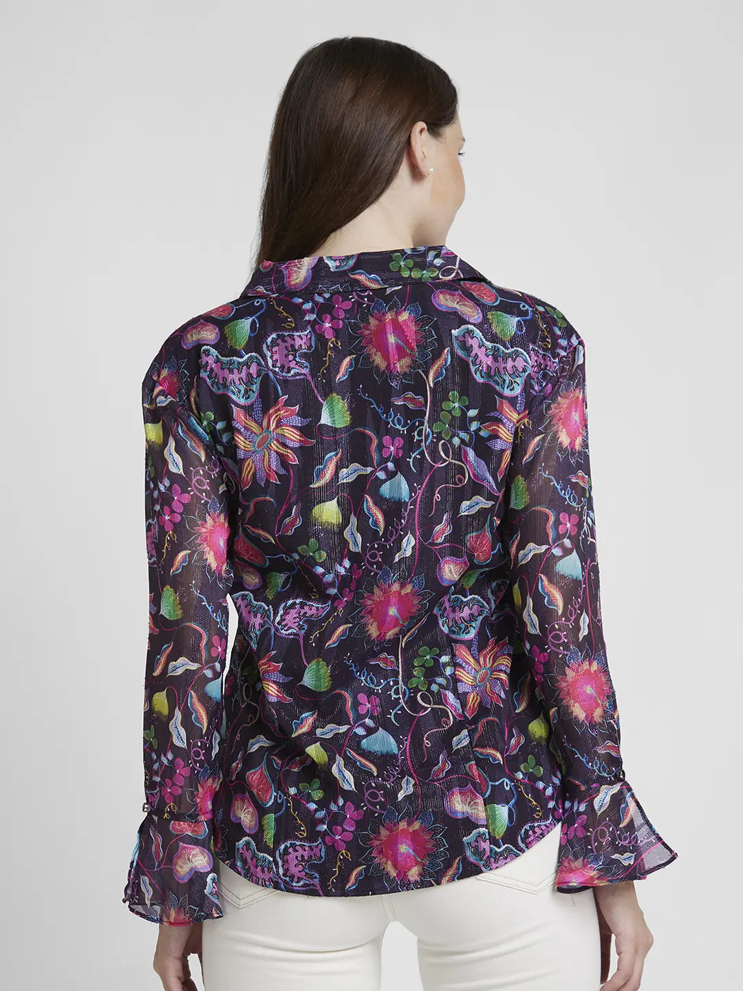 Spykar Women Pink Jaquard Slim Fit Full Sleeve Floral Print Shirt