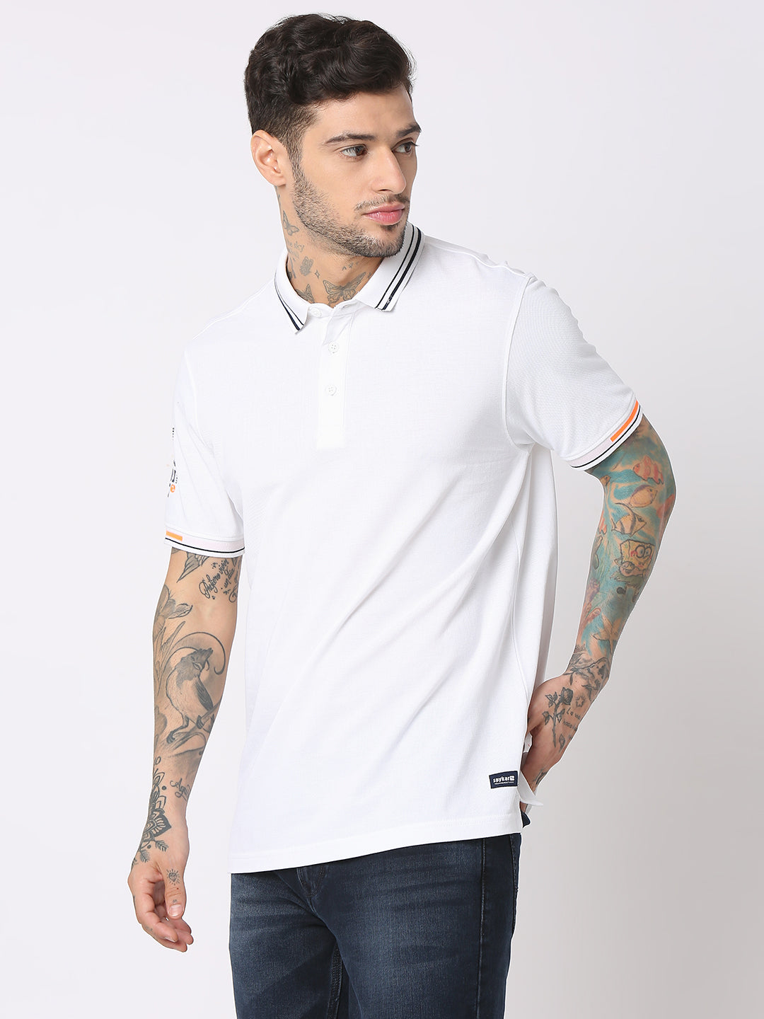 Spykar Men White Cotton Regular Fit Polo Plain T-Shirt